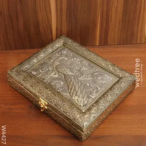 Oxidised dry fruit box with peacock embossing big - W4427