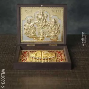 Gold Plated Prayer Box Small - Ganesh Lakshmi Saraswathi