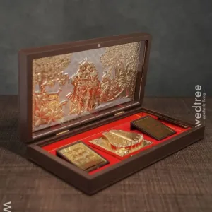 Gold Plated Paduka Prayer Box Large -Radhe Krishna with Peacock - WL1552