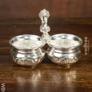 German Silver 2 Cups Kumkum holder with Floral design and peacock on the top