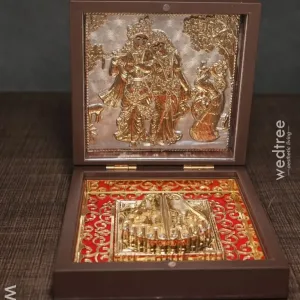 Gold Plated Paduka Prayer Box Small -Radhe Krishna with Peacock