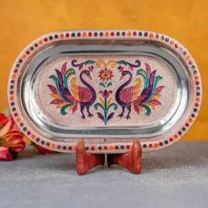 Meenakari Peacock Oval Plate - 10 inch