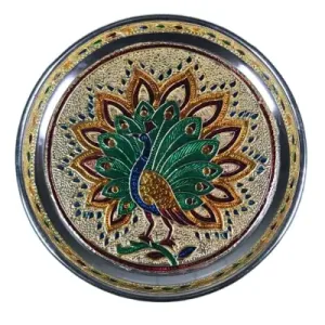 Meenakari Pooja Plate - Floral Peacock design - Stainless Steel