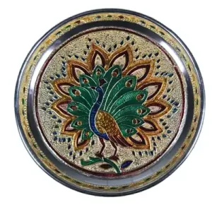 Meenakari Pooja Plate - Floral Peacock with Golden Design